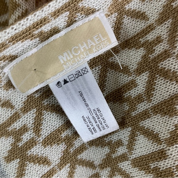 Michael Kors Tan White MK Logo Knit Acrylic Scarf Monogram Wrap OS - Picture 3 of 3